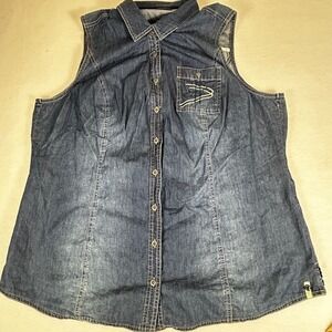 CAROLS DENIMS Sleeveless Jean Shirt Top Blu Size 2XL Distressed Embroider Pocket